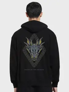 Bewakoof Black House Of Dragon Graphic Printed Hooded Fleece Oversized Pullover Sweatshirt