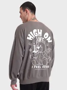 Bewakoof Grey Typography Printed Fleece Oversized Sweatshirt