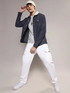 Campus Sutra Navy Blue Geometric Printed Windcheater Cotton Denim Jacket