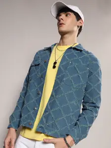 Campus Sutra Windcheater Spread Collar Self Design Cotton Denim Jacket