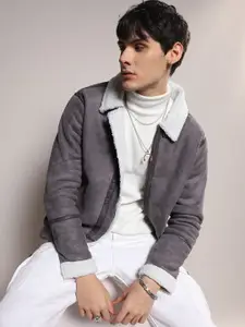 Campus Sutra Notched Lapel Collar Windcheater Faux Fur Trim Tailored Jacket