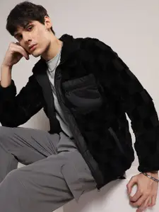 Campus Sutra Black Checked Windcheater Puffer Jacket With Faux Fur Trim