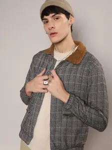 Campus Sutra Checked Windcheater Faux Fur Trim Cotton Tailored Jacket