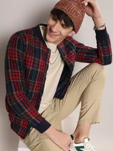 Campus Sutra Red Checked Windcheater Bomber Jacket