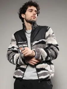 Campus Sutra Abstract Self Design Windcheater Faux Fur Trim Tailored Jacket
