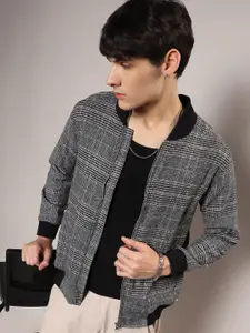 Campus Sutra Black Checked Windcheater Bomber Jacket