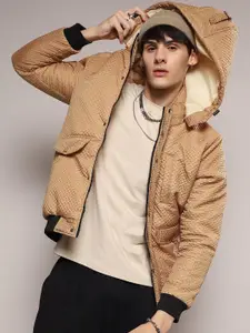 Campus Sutra Beige Self Design Hooded Windcheater Puffer Jacket