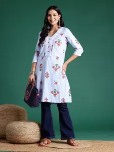 Sangria Floral Printed Lace Detail Striped Kurta