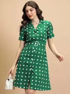 Tokyo Talkies Green & White Polka Dot Printed Notched Lapel Collar Shirt Style Dress