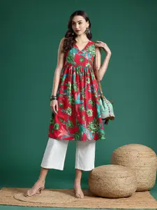 Sangria Floral Printed A-Line Pleated Kurta