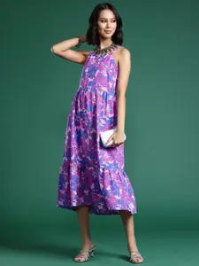 Sangria Floral Print Tiered A-Line Dress