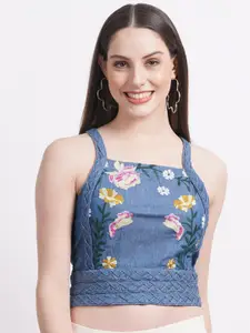 SUMAVI-FASHION Floral Embroidered Organic Cotton Denim Crop Fitted Top