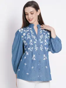 SUMAVI-FASHION Floral Embroidered Mandarin Collar Organic Cotton Denim Shirt Style Top