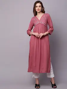 KALINI Floral Yoke Design V-Neck Thread Work Detailed Empire Straight Kurta