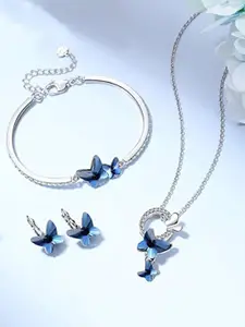 Shining Diva Fashion Silver Plated Crystal-Studded Necklace And Earrings With Bracelet