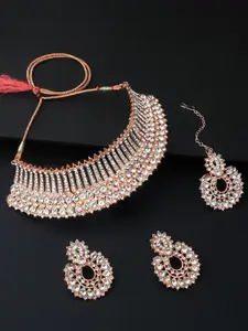 Shining Diva Rose Gold Plated Crystal Diamond Studded Necklace & Earrings With Maang Tika