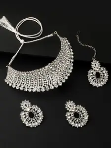 Shining Diva Silver-Plated Crystals-Studded Necklace & Earrings With Maang Tika