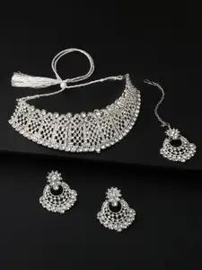 Shining Diva Silver-Plated Crystal Studded Necklace & Earrings With Maang Tika