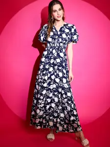 SHEETAL Associates Floral Printed V-Neck Flutter Sleeve Gathered Maxi Dress