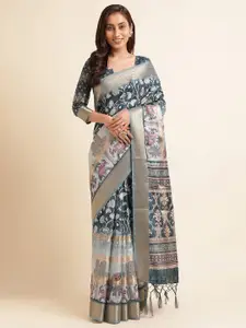 Mitera Teal Blue Floral Printed Pure Silk Saree