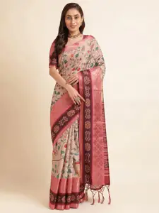 Mitera Pink Floral Printed Pure Silk Saree