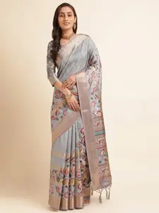Mitera Grey & Pink Floral Printed Zari Pure Silk Saree