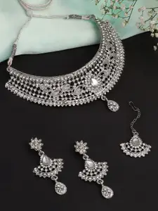 Shining Diva Silver-Plated Crystals Studded Necklace & Earrings With Maang Tika