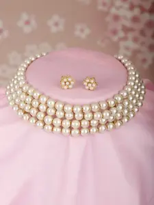 Shining Diva Gold-Plated Pearls-Beaded Necklace With Earrings