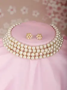 Shining Diva Gold-Plated Pearls-Beaded Necklace With Earrings