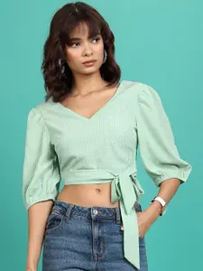 Tokyo Talkies Checked Puff Sleeves Waist Tie-Up Detail Crop Wrap Top