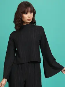 Tokyo Talkies Black Vertical Stripes High Neck Flared Sleeves Top