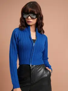 Tokyo Talkies Women Blue High Neck Crop Acrylic Front Open Sweaters