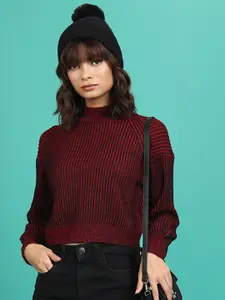 Tokyo Talkies Striped High Neck Acrylic Pullover