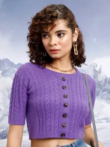 Tokyo Talkies Purple Cable Knit Self Design Crop Front Open Sweater