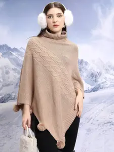 Tokyo Talkies Brown Cable Knit Self Design Turtle Neck Acrylic Poncho Sweater