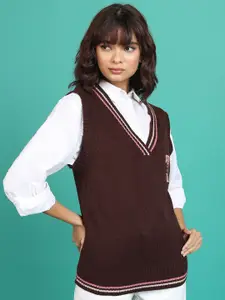 Tokyo Talkies Brown Acrylic Sweater Vest Sweaters With Embroidered Details