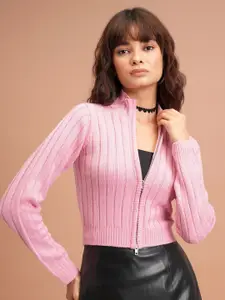 Tokyo Talkies Mock Collar Crop Acrylic Front-Open Sweaters
