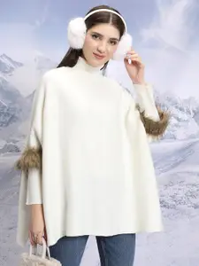 Tokyo Talkies White Turtle Neck Acrylic Longline Poncho Sweater