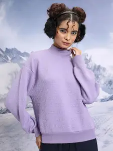 Tokyo Talkies Purple Typography Self Design High Neck Relaxed Fit Pullover Sweatshirt