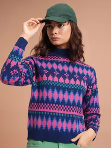 Tokyo Talkies Navy Blue Geometric Printed Turtle Neck Acrylic Pullover Sweater