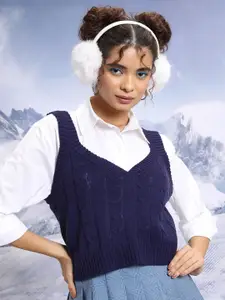 Tokyo Talkies Navy Blue Cable Knit Self Design Acrylic Crop Pullover Sweater