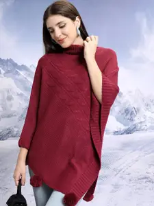 Tokyo Talkies Maroon Self Desgin Cable Knit Acrylic Poncho