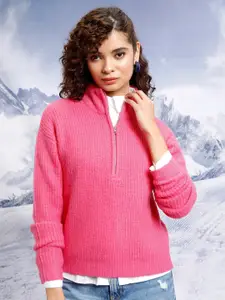 Tokyo Talkies Pink Cable Knit Self Design Turtle Neck Pullover Sweater