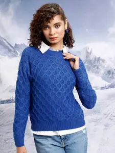 Tokyo Talkies Blue Open Knit Self Design Acrylic Pullover Sweater
