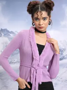 Tokyo Talkies Women Purple Fur Collared Acrylic Front-Open Sweaters