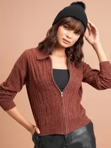 Tokyo Talkies Women Brown Cable Knit Acrylic Front-Open Sweaters