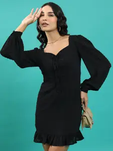 Tokyo Talkies Black Self Designed Sweetheart Neck Bishop Sleeves A-Line Mini Dress