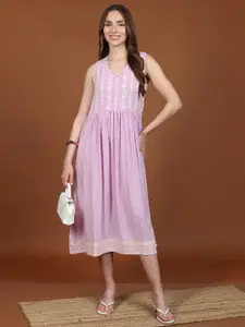 Vishudh Pink Floral Embroidered Gathered or Pleated A-Line Midi Dress