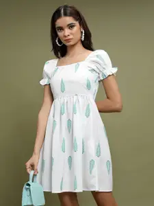 Vishudh White Conversational Printed Puff Sleeve Fit & Flare Dress