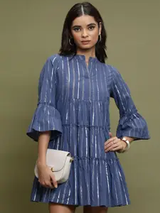 Vishudh Striped Mandarin Collar Bell Sleeves Cotton A-Line Dress